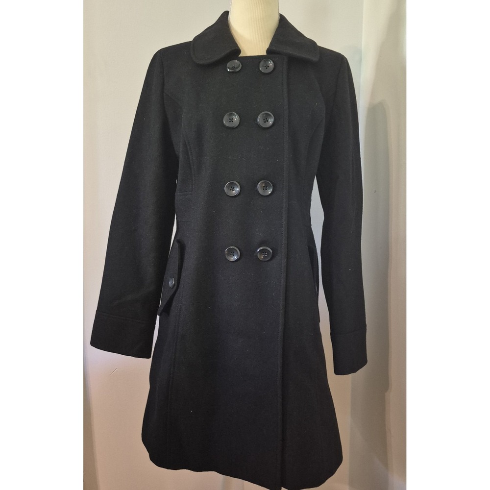 Retro Old Navy Women's M Black Wool Blend Pea Coat Fit & Flare Y2K Dark Academia